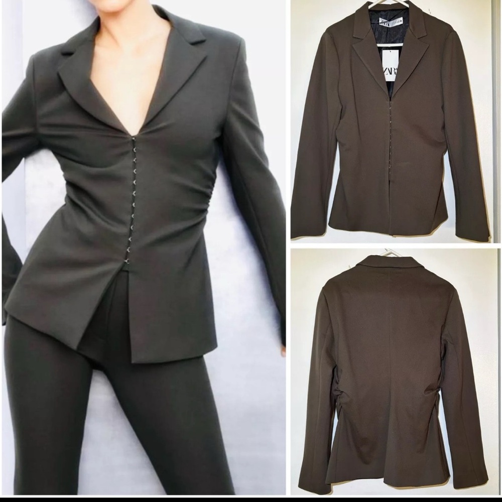 Zara Fitted Blazer Side Ruched Dark  Green Jacket Large NEW